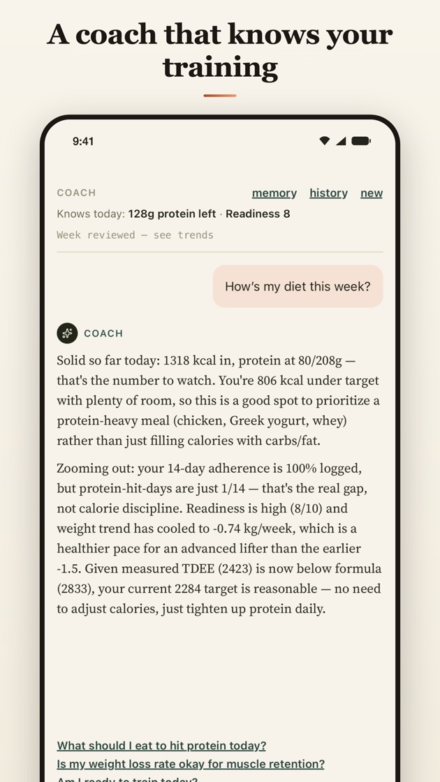 Coach screen — a coach that knows your training